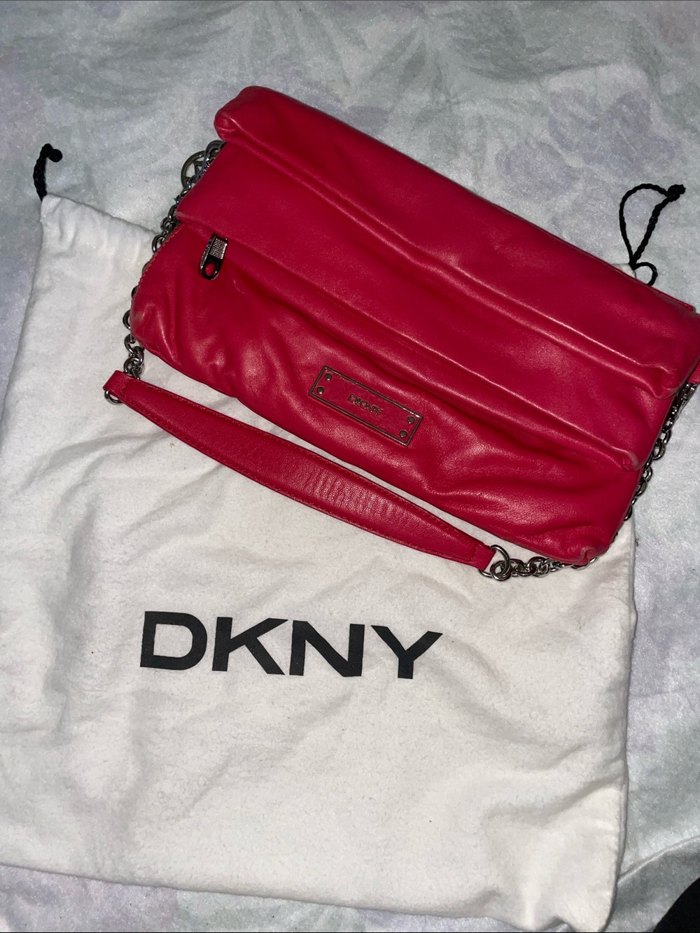 DKNY Red Leather Shoulder Bag with Chain Strap